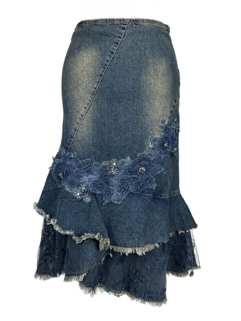 VTG Fairy 90’s Y2K Flowers Appliques Lace Denim Tulip Midi Tiered Skirt Size S